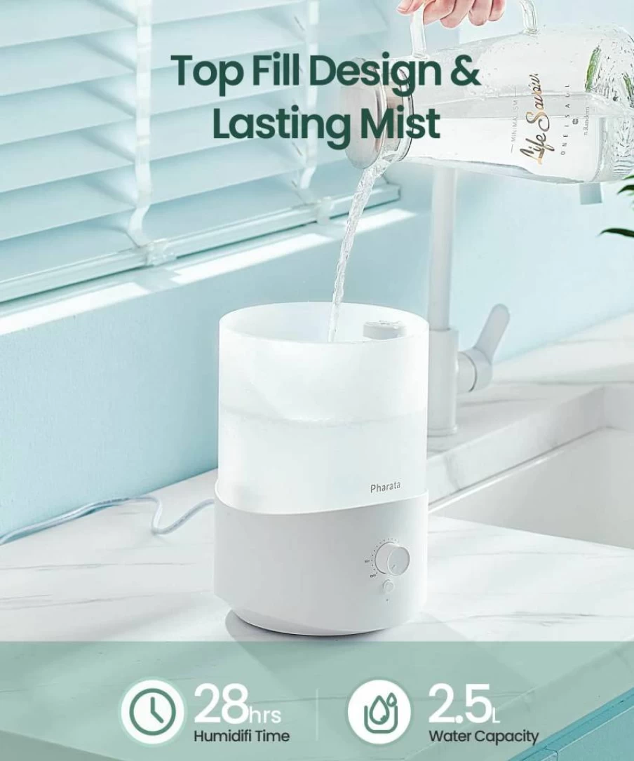 Pharata 2.5L Ultrasonic Cool Mist Humidifier with Essential Oil Diffuser, Top Fill, Auto Shut-Off, for Bedroom, Baby, Home, and Large Rooms