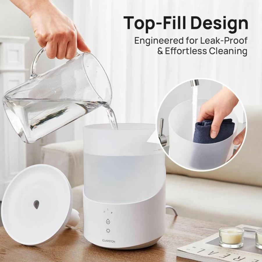 CLARSTON 2.5L Top Fill Cool Mist Humidifier with Essential Oil Diffuser, Night Light & Auto Shut-Off for Bedroom, Home, Office