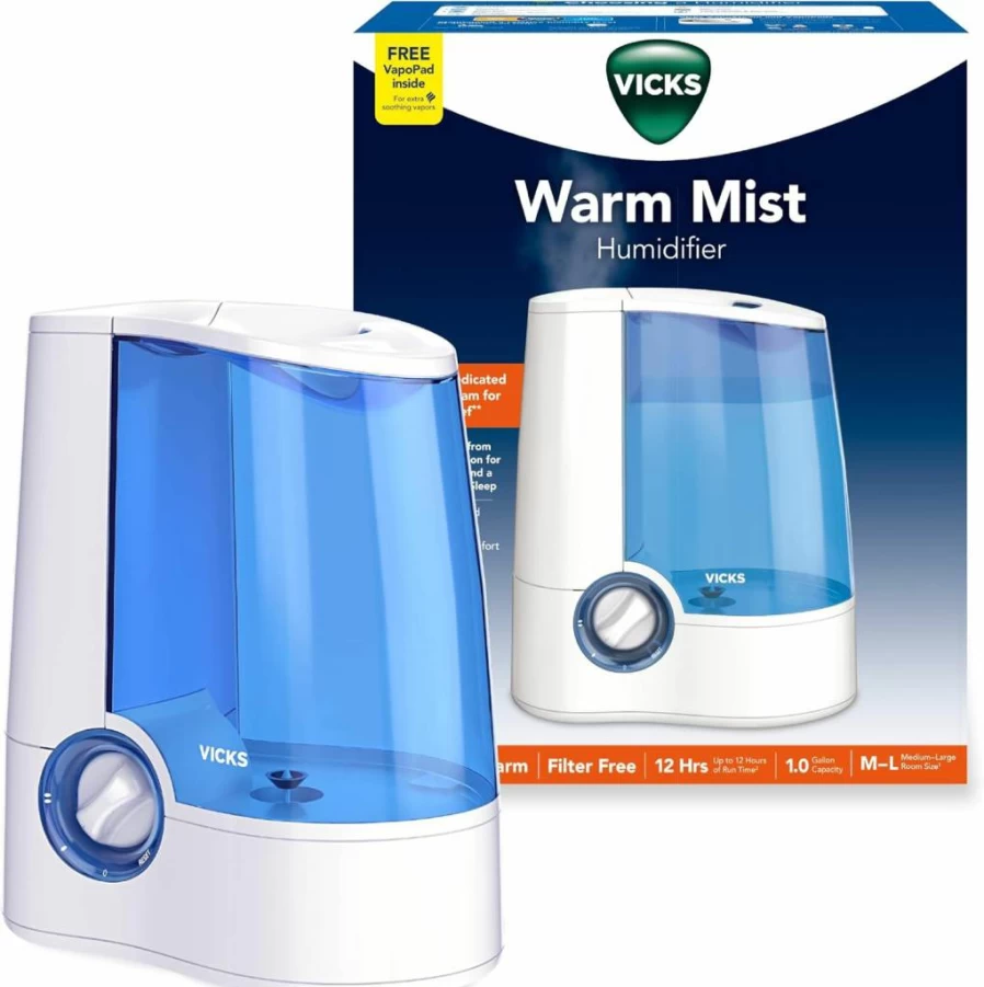 Vicks Warm Mist Humidifier for Large Rooms & Bedrooms - Relieves Cough, Congestion, Dry Air - Compatible with VapoSteam - Safe for Babies, Kids & Adults
