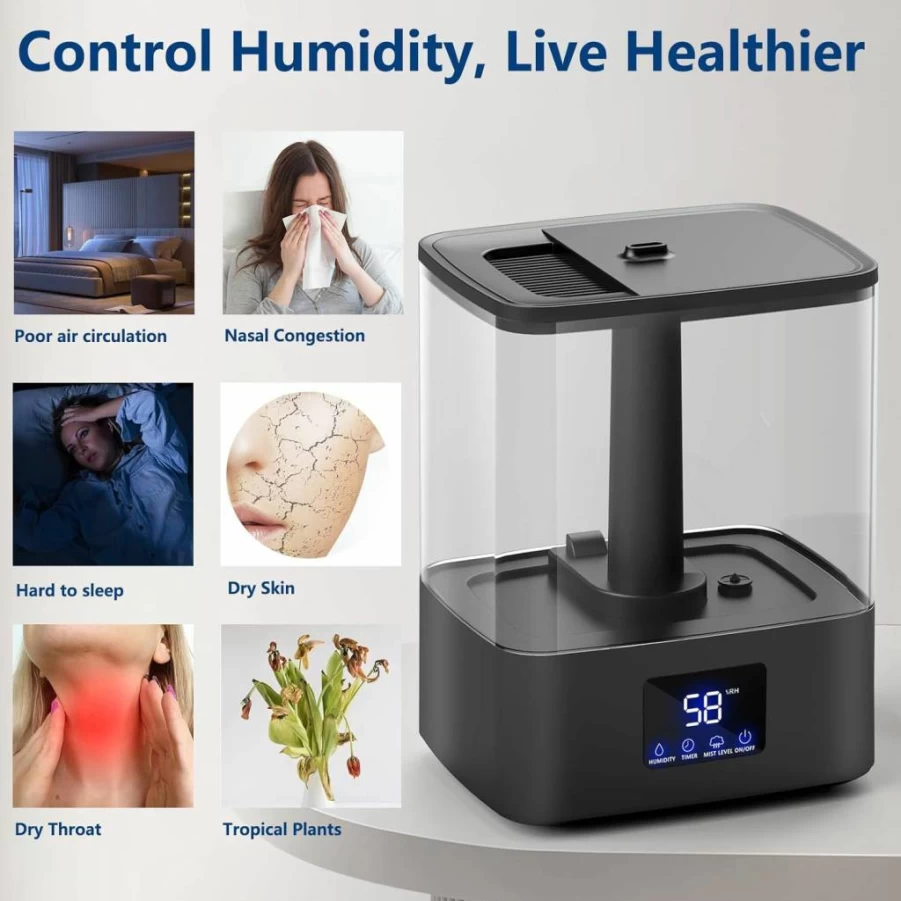 KZF 6L Cool Mist Humidifier - Top Fill, 60H Runtime, 3 Mist Levels, 8H Timer, Essential Oil Tray, Humidity Display, Ultra Quiet for Bedroom, Baby, Plants & Large Rooms
