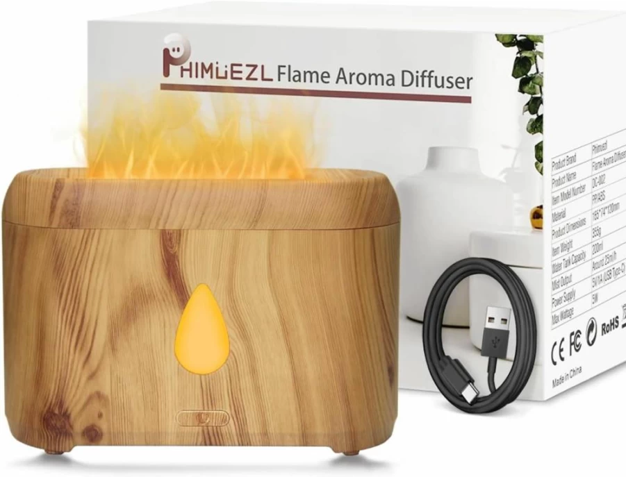 Phimuezl 200ml Ultrasonic Aroma Diffuser with Flame Effect, Cool Mist Humidifier for Essential Oils, Auto-Off Safety, Ideal for Home, Office, Bedroom, Gift (Black)