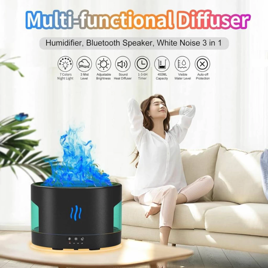 POSVIU 450ML Bluetooth Essential Oil Diffuser with Humidifier, White Noise, Remote Control & 7 Color LED Lights for Home, Office, Large Room, Gift Idea
