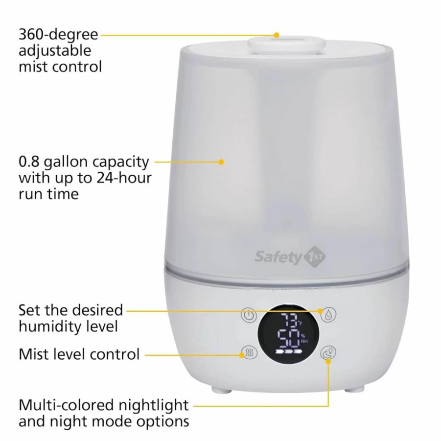 Safety 1st Humidifier with Humidity & Temperature Sensor, Filter-Free, Auto Climate Control, White