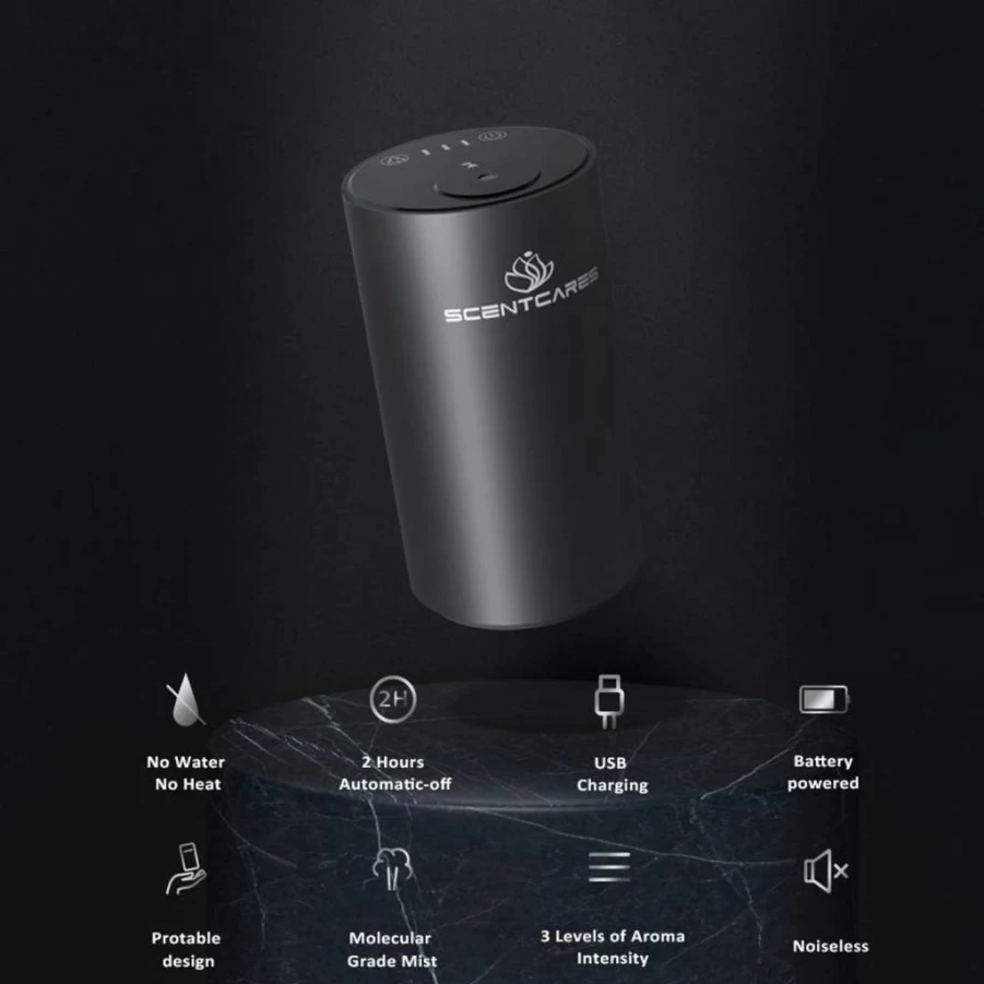 Scentcares Portable Smart Cordless Air Diffuser - 3 Cold Mist Modes, 1/2/3H Timer, Black Aromatherapy Essential Oil Diffuser for Home & Hotel