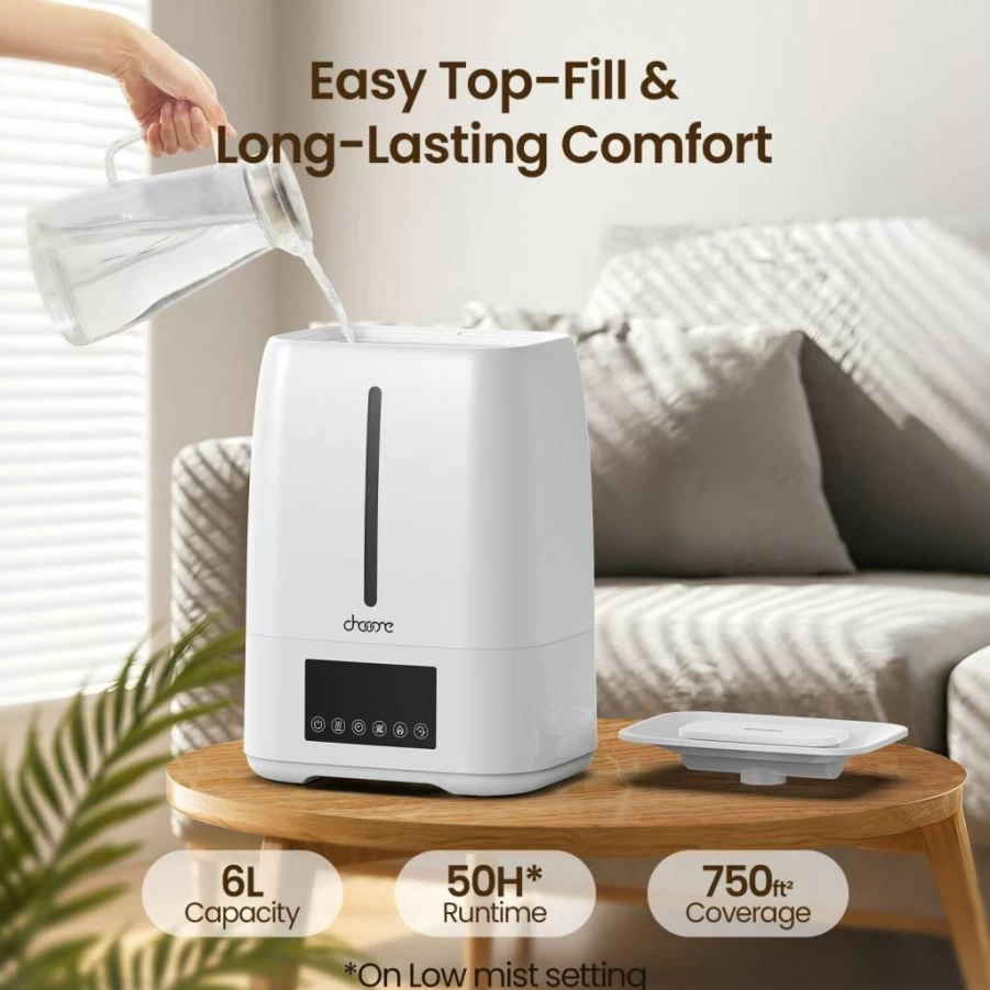 Chooone 6L Smart Ultrasonic Humidifier - Cool & Warm Mist with Humidity Control, Aroma Diffuser, Night Light, 12H Timer, Quiet Operation for Bedroom, Nursery, Large Rooms & Plants