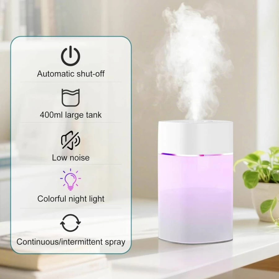Kiusiy 400ml Portable Cool Mist Humidifier for Plants, Bedroom, Office, Desk, Car & Travel - Small Mini Personal Humidifier