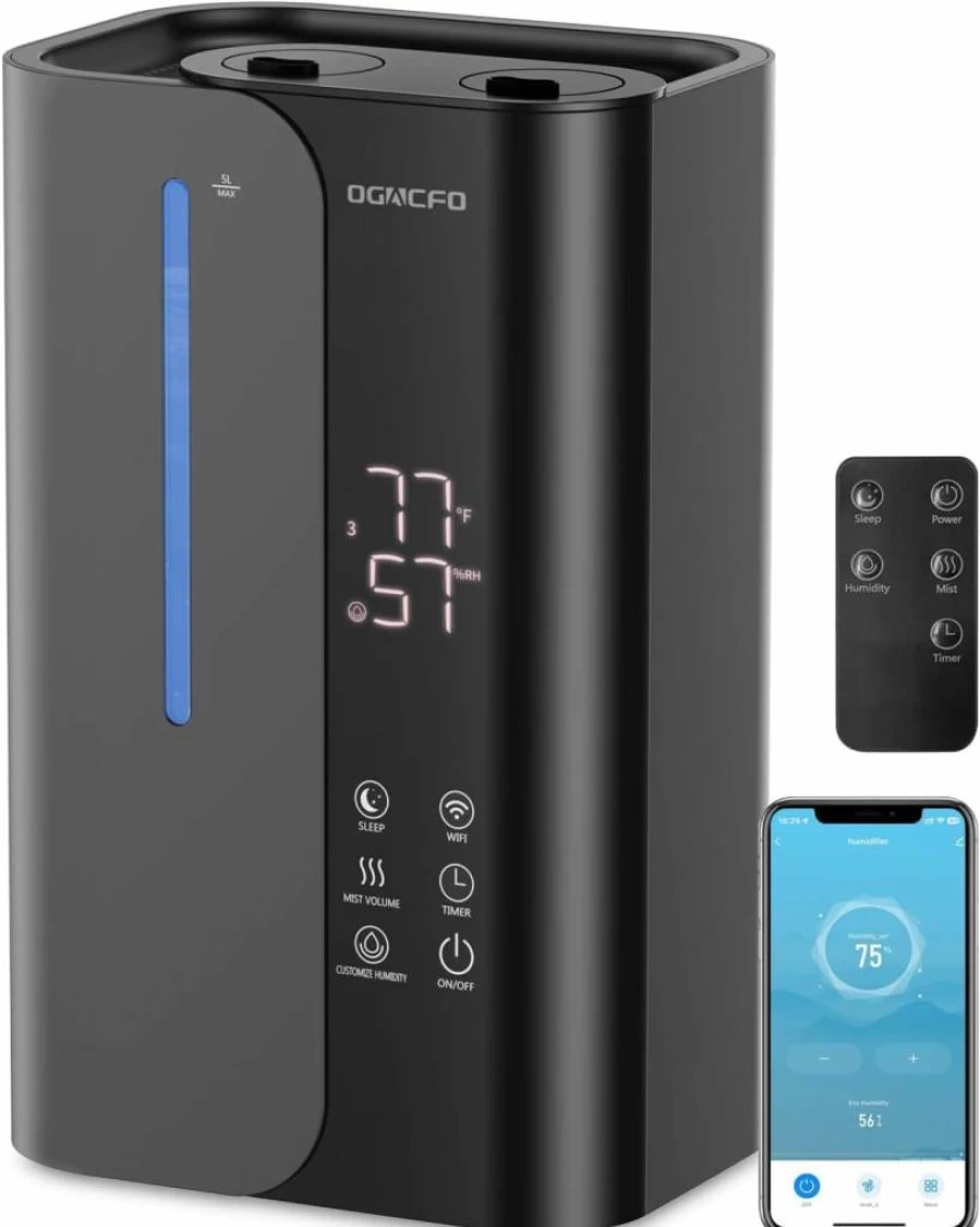 OGACFO 5L Ultrasonic Cool Mist Humidifier - Top Fill, Smart Air Humidifier for Large Rooms, Bedrooms, Baby & Plants, 50H Runtime, 28dB Quiet, Essential Oil Diffuser