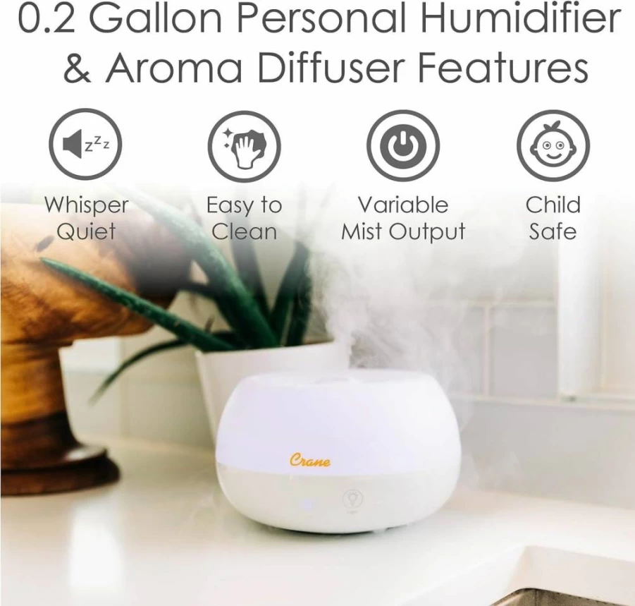 Crane White Portable Ultrasonic Cool Mist Humidifier with Essential Oil Diffuser - 0.2 Gallon, Travel-Friendly, No Filter Required