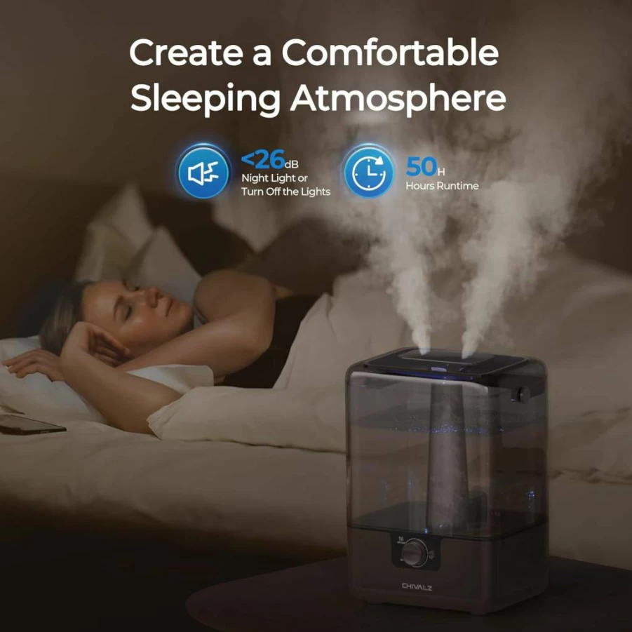 CHIVALZ 6L Cool Mist Humidifier for Bedroom, Large Room & Nursery, Ultra Quiet 26dB, Top Fill, Night Light, 50-Hour Runtime, Essential Oil Diffuser, Ideal for Babies, Plants & Home