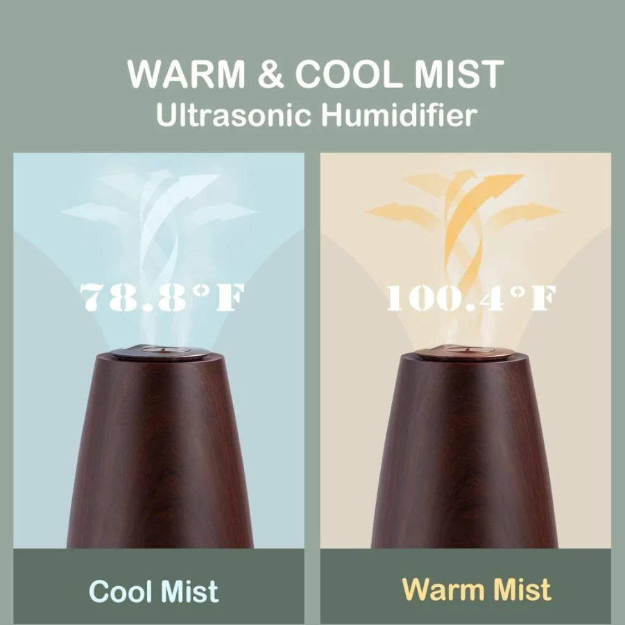 Elecameier Cool and Warm Mist Humidifier with Remote Control, 25dB Ultra Quiet for Bedroom, Office, Nursery, Auto Shut-Off, Light Wood Design