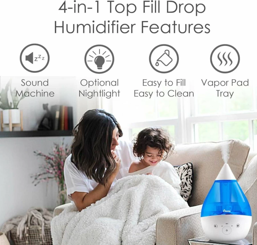 Crane 2.0 Ultrasonic Cool Mist Humidifier with 4-in-1 Features: Sound Machine, Night Light, Aroma Diffuser & Top-Fill 1 Gallon Tank - Blue & White