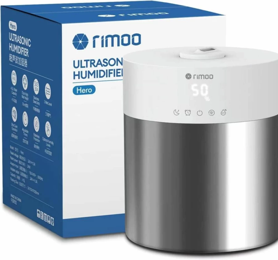 RIMOO 304 Stainless Steel Humidifier - Quiet 25dB Cool Mist Humidifier with Smart Humidistat, Timer, Sleep Mode for Bedroom, Baby & Plants, Easy to Clean Tank