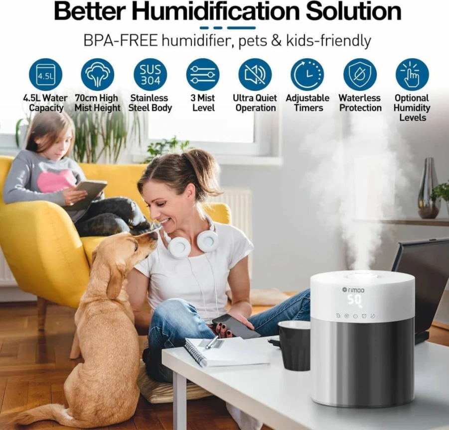 RIMOO 304 Stainless Steel Humidifier - Quiet 25dB Cool Mist Humidifier with Smart Humidistat, Timer, Sleep Mode for Bedroom, Baby & Plants, Easy to Clean Tank