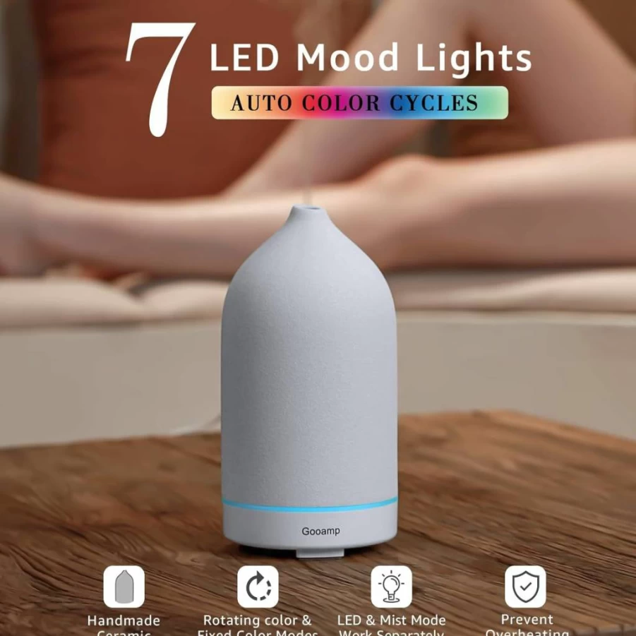 Gooamp 200ml Ceramic Essential Oil Diffuser with Ultrasonic Aromatherapy, 7-Color LED Lights, Auto Shut-Off, 1H/3H/6H Timer for Home, Office, Yoga - Black Humidifier