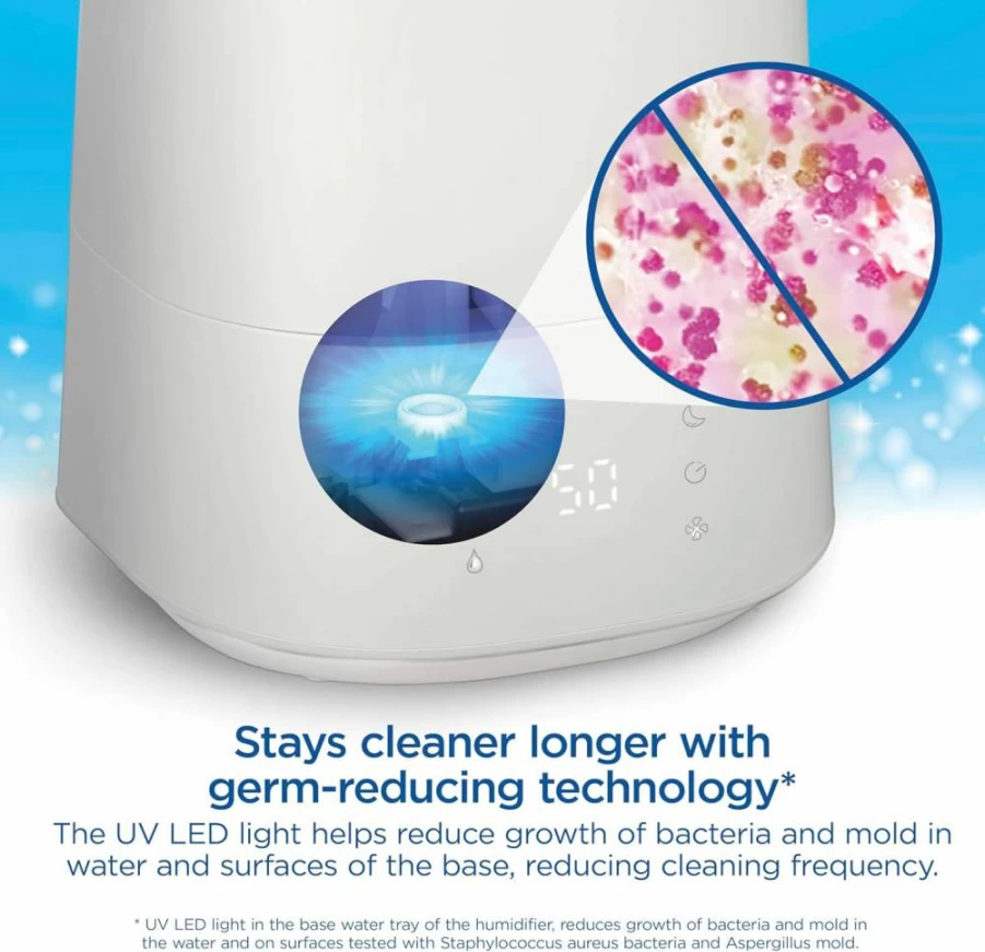 Clorox Home Appliances 4L Cool Mist Humidifier with UV LED Light for Germ Reduction, 40-Hour Runtime, Whisper Quiet, White (Model 11080) - Ideal for Bedrooms