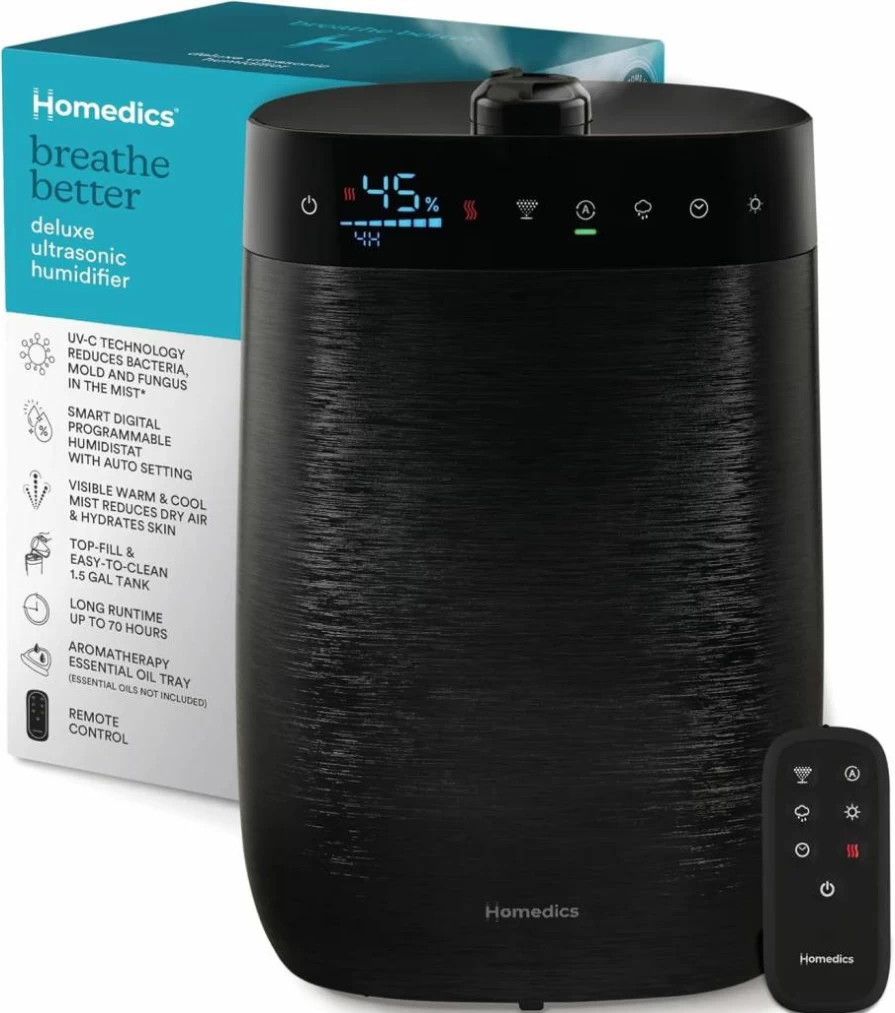 Homedics Deluxe Ultrasonic Humidifier with UV-C Technology, 1.5-Gallon Top Fill Tank, Warm & Cool Mist, Digital Humidistat, Aromatherapy for Large Room Dry Air Relief
