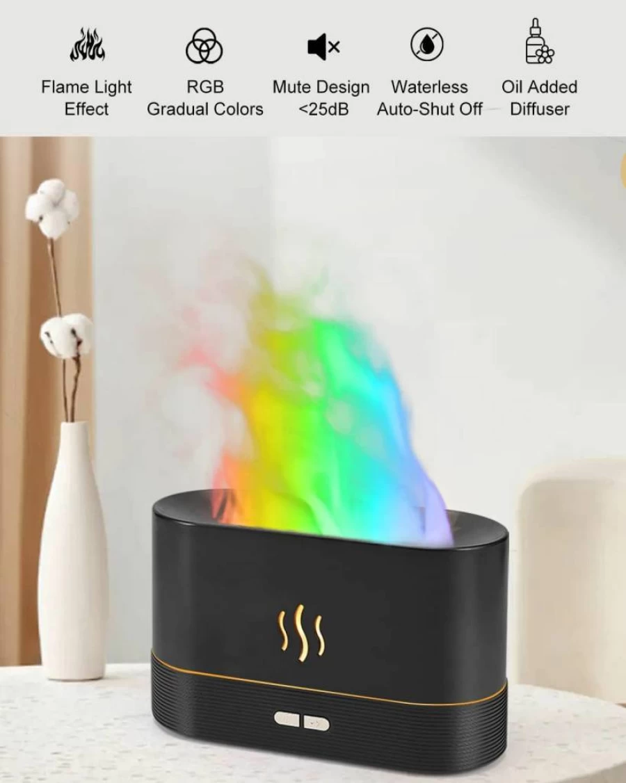 PLUWEL Flame Diffuser Humidifier - 180ML Essential Oil Aromatherapy with Fire Effect, Auto Shut-Off, 2 Lighting Modes for Home, Office, Spa, Gym (Black)