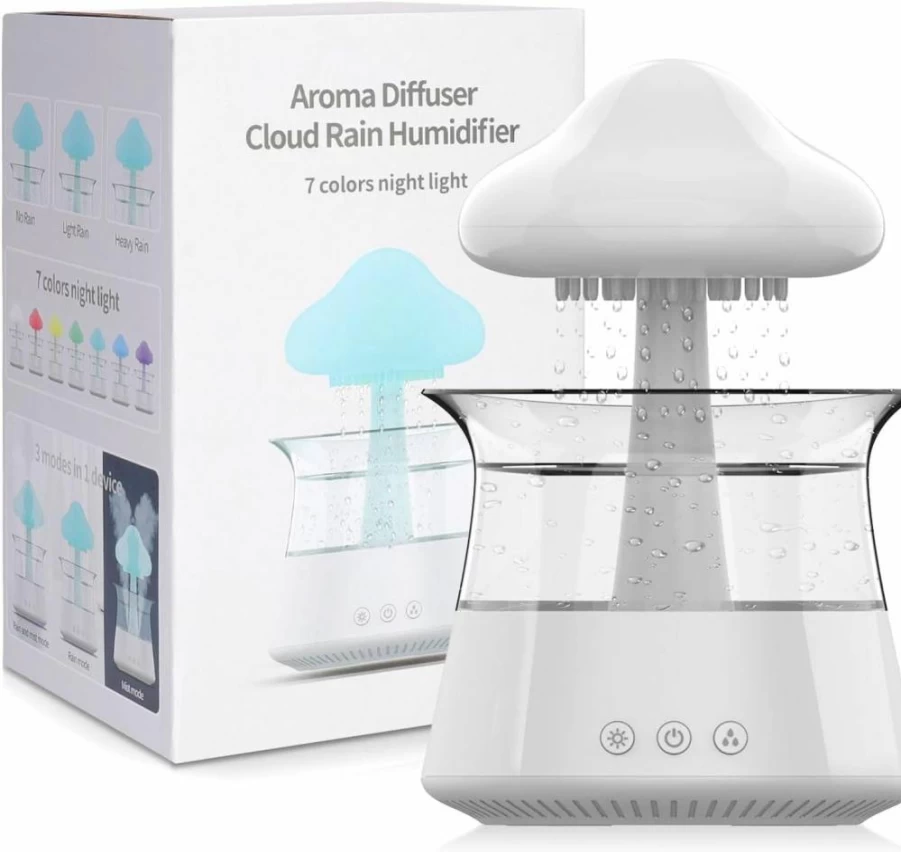 CJC Mushroom Humidifier with Rain Sounds & Night Light - White Air Moisturizer for Bedroom, Living Room, Sleep Aid