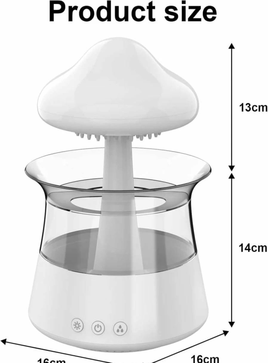 CJC Mushroom Humidifier with Rain Sounds & Night Light - White Air Moisturizer for Bedroom, Living Room, Sleep Aid