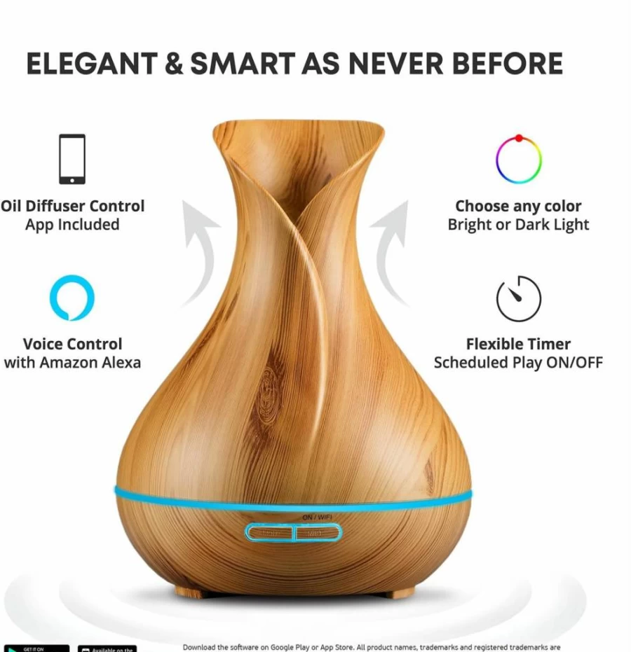 Sierra Modern Home 400ml Smart WiFi Essential Oil Diffuser with Alexa & Google Home Voice Control, Ultrasonic Aromatherapy Humidifier, App Scheduling, LED Timer, Dark Brown