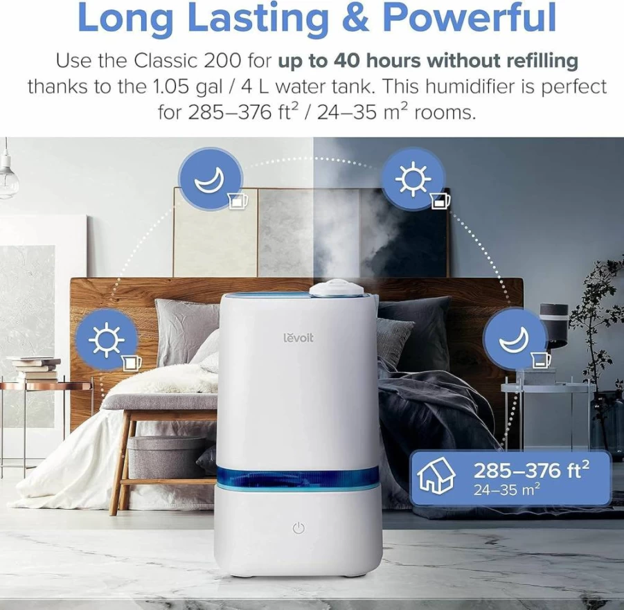 LEVOIT 4L Cool Mist Humidifier for Large Rooms, Bedroom, Home, Baby & Plants, Essential Oil Diffuser with 360° Dual Nozzles, 40H Runtime, Quiet Operation, Auto Shut-Off, Handle Design, Blue