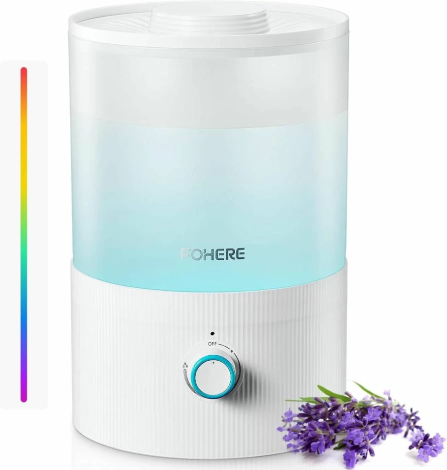 FOHERE 3.2L Cool Mist Humidifier & Essential Oil Diffuser with 7-Color Light, Auto Shut-Off, Ultra Quiet, BPA-Free, Top Fill Design for Bedroom, Baby Room, Plants