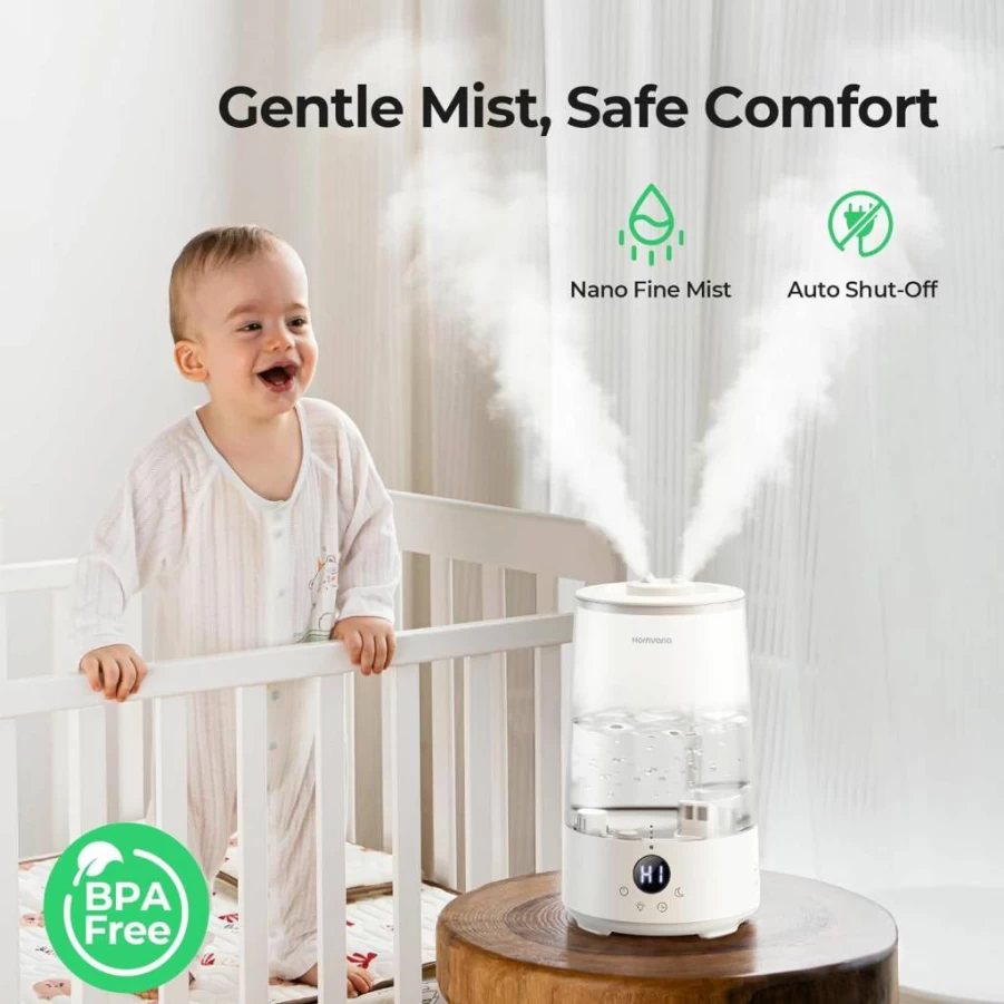 Homvana 3.6L Cool Mist Humidifier for Bedroom, Office & Nursery - Ultra Quiet 16dB, Top-Fill, 34H Runtime, BPA-Free, 7-Color LED, Essential Oil Diffuser for Large Rooms & Plants